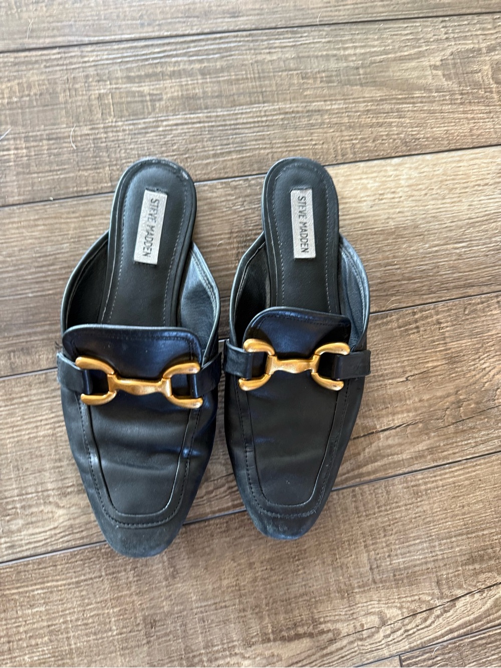 Steve Madden Black Leather Slip-On Mules with Gold Chain Accent